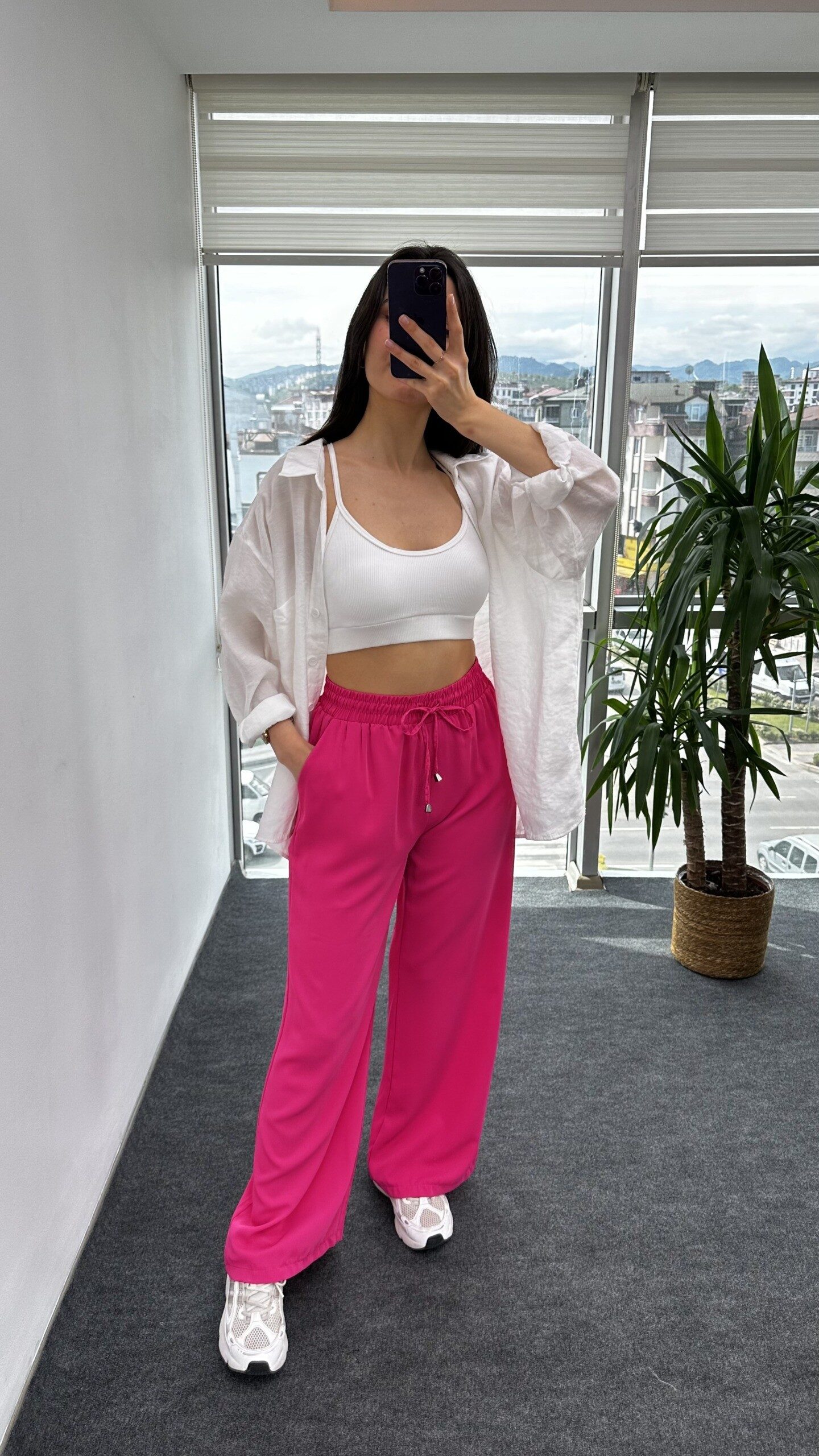 Pembe Tensel Kumaş Palazzo Pantolon - Görsel 3